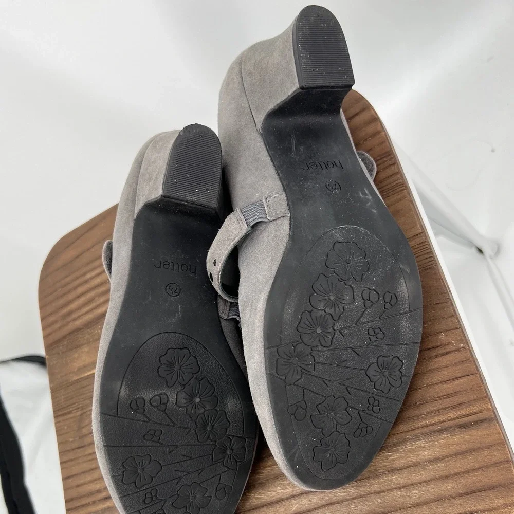 Hotter Grey Suede Floral Embroidered Mary Jane Studded Strap‎ Comfort Heels 7.5